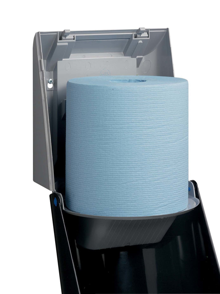 An Open7087 KIMBERLY-CLARK PROFESSIONAL* Centrefeed Roll Dispenser with a Blue Paper Roll Inside - Grey - Sentinel Laboratories Ltd