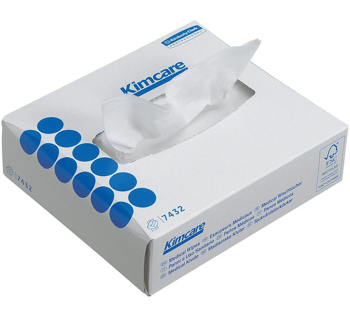 Open Box of White 7432 KIMCARE* Medical Wipes, Interfolded - White and Blue Design (previously 3020 KIMCARE* Medical Wipes) - Sentinel Laboratories Ltd