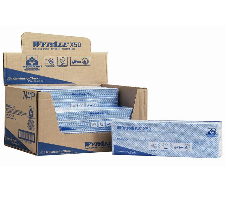 Open Box of Blue 7441 WYPALL* X50 Cleaning Cloths, Folded - Blue Text on Brown Cardboard Box - Sentinel Laboratories Ltd