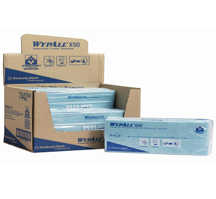 An Open Brown and Blue Cardboard Box of Blue 7441 WYPALL* X50 Cleaning Cloths, Folded - Sentinel Laboratories Ltd