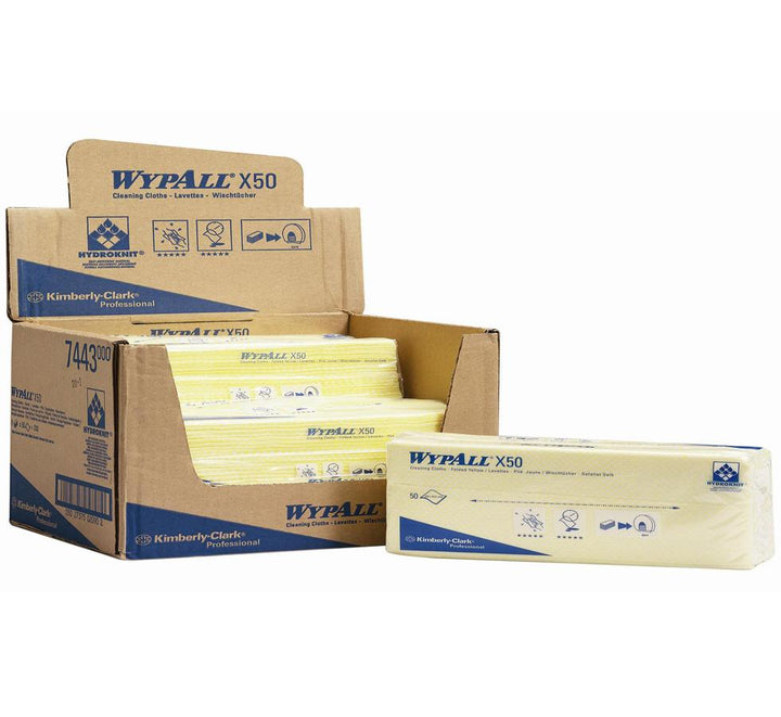 An Open Brown and Blue Cardboard Box of Yellow 7441 WYPALL* X50 Cleaning Cloths, Folded - Sentinel Laboratories Ltd