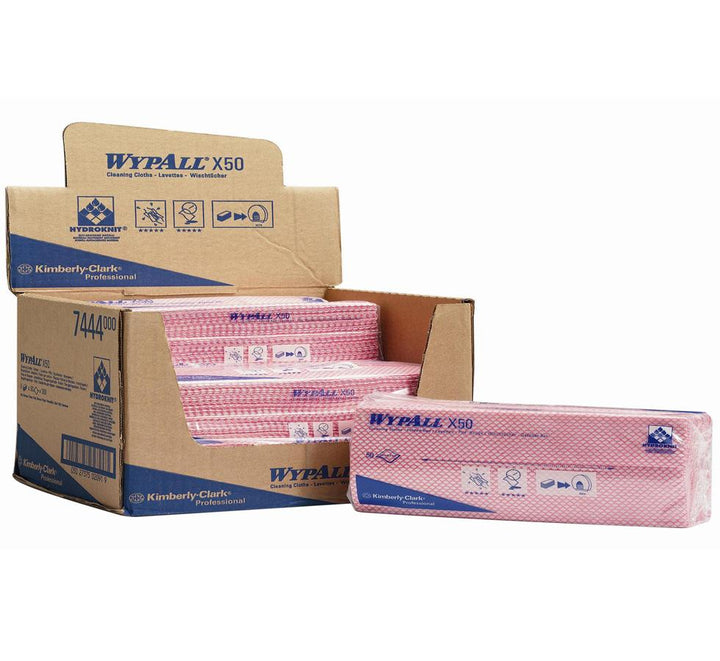 An Open Brown and Blue Cardboard Box of Pink 7441 WYPALL* X50 Cleaning Cloths, Folded - Sentinel Laboratories Ltd