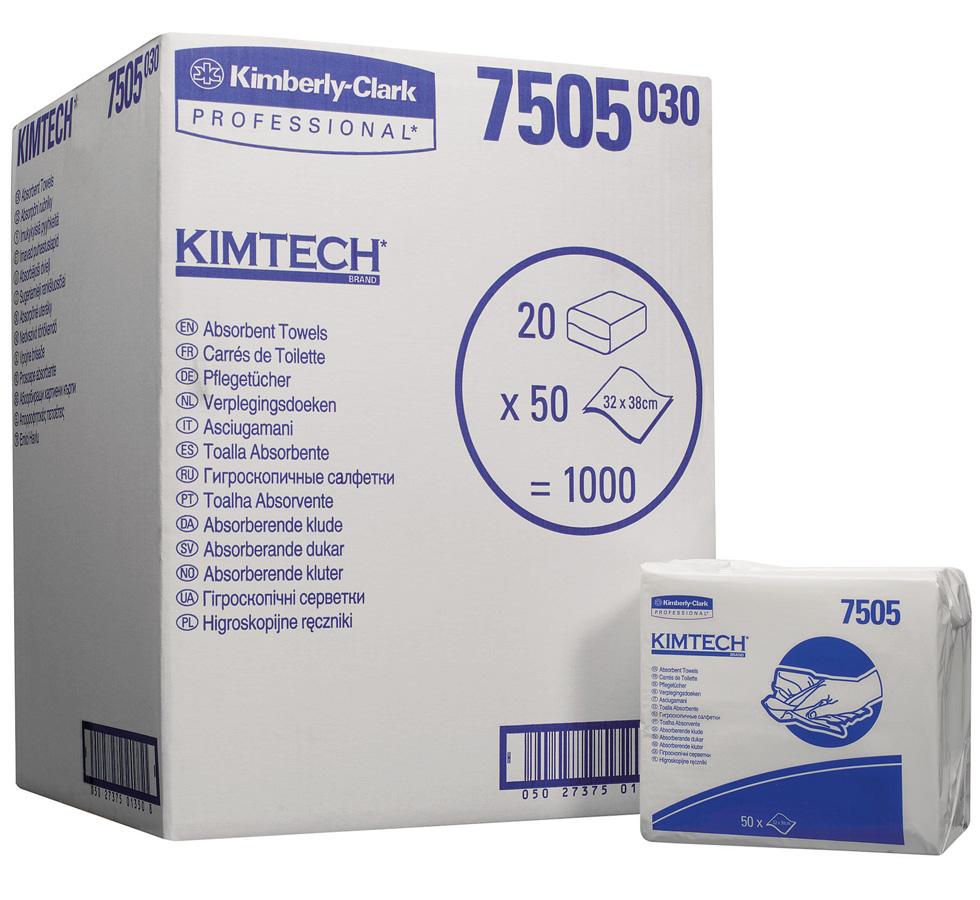 A White and Blue Pack of 7505 KIMTECH* Absorbent Towels Next To a Large Blue and White Box - White - Sentinel Laboratories Ltd