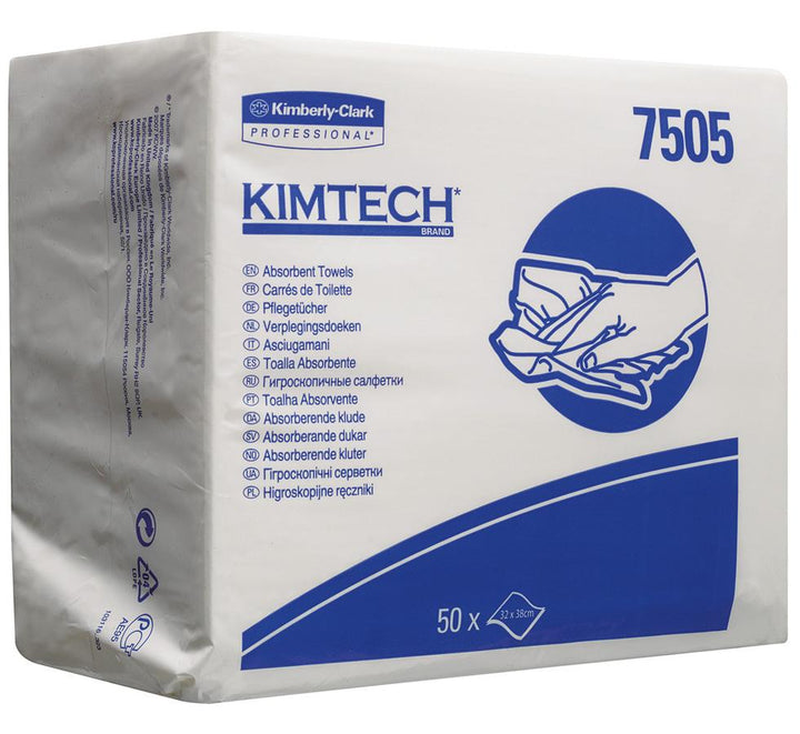 Pack of 7505 KIMTECH* Absorbent Towels White and Blue packaging white background - Sentinel Laboratories Ltd