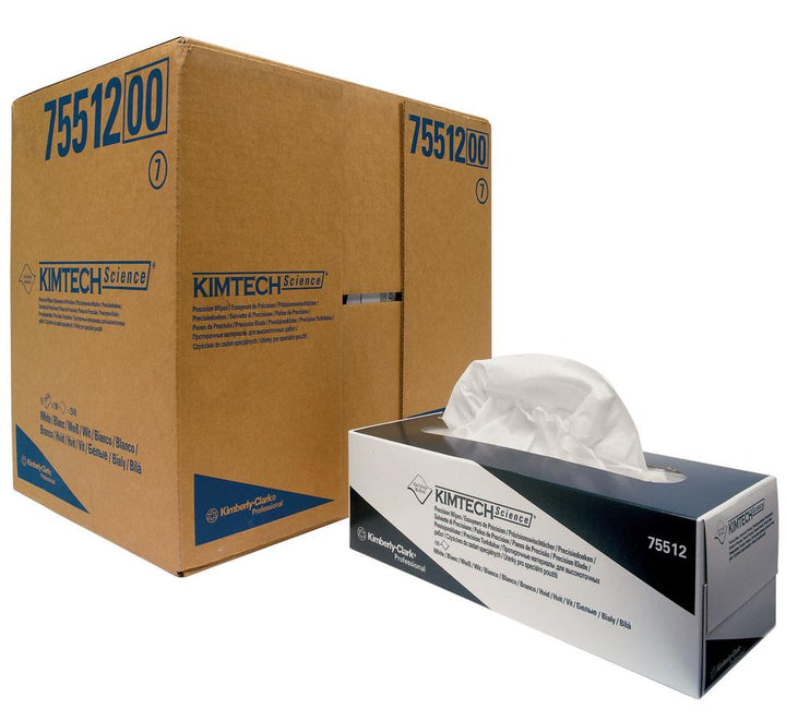 A White and Black Box of White 7551 KIMTECH SCIENCE* Precision Wipers Next To a Large Brown and Blue Cardboard Box, 30cm x 30cm - Sentinel Laboratories Ltd