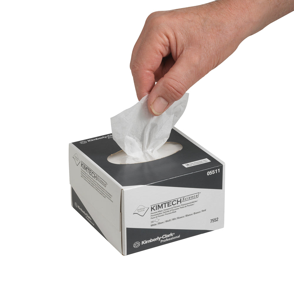 A Person Taking a Single Paper Tissue From a Grey and White Box of 7552 KIMTECH SCIENCE* Precision Wipers, 21.3cm x 11.4cm - Sentinel Laboratories Ltd