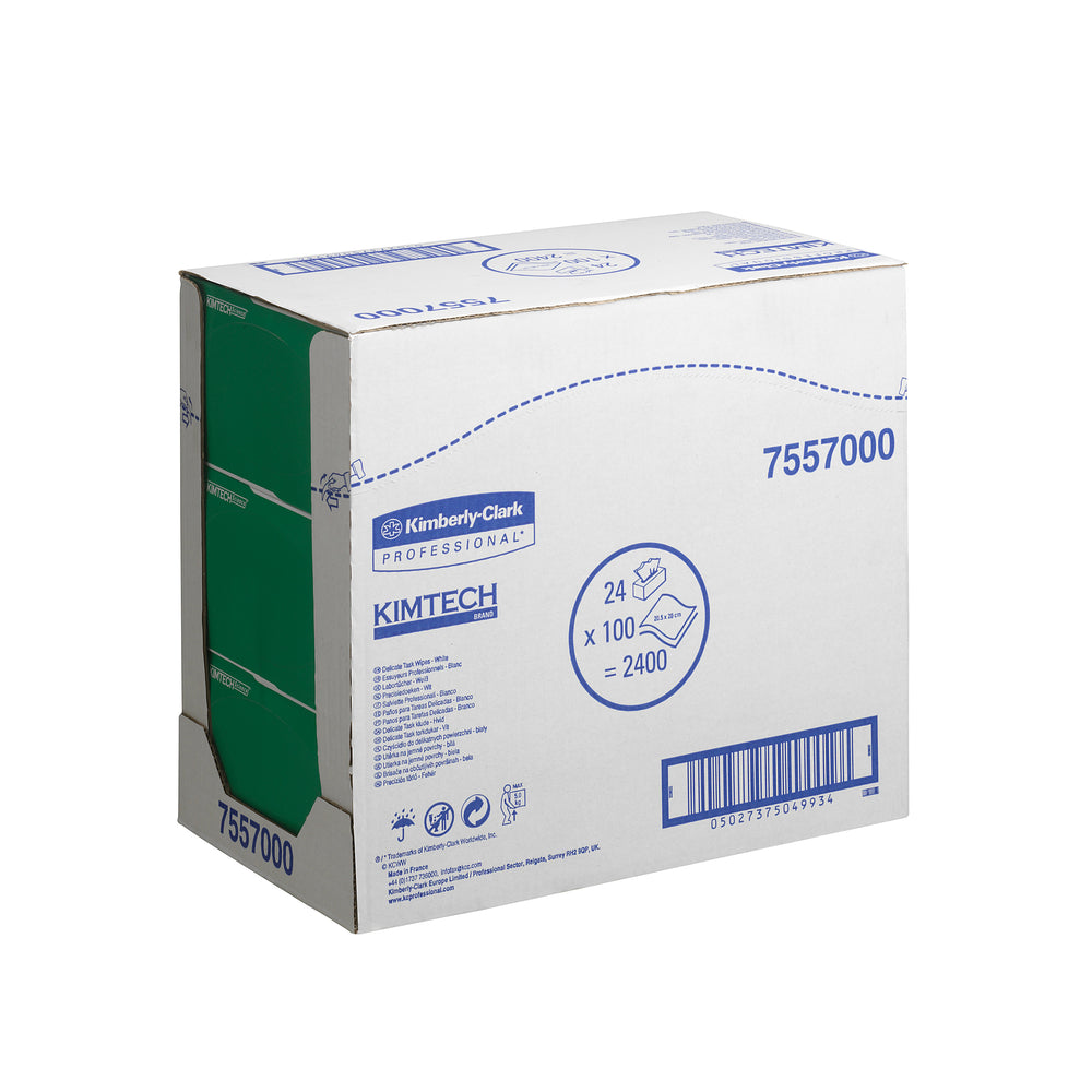 Front View of White and Blue Case of 7557 KIMTECH SCIENCE* Delicate Task Wipers, 100 Sheets (previously 7102) Green Inner Boxes - Sentinel Laboratories Ltd