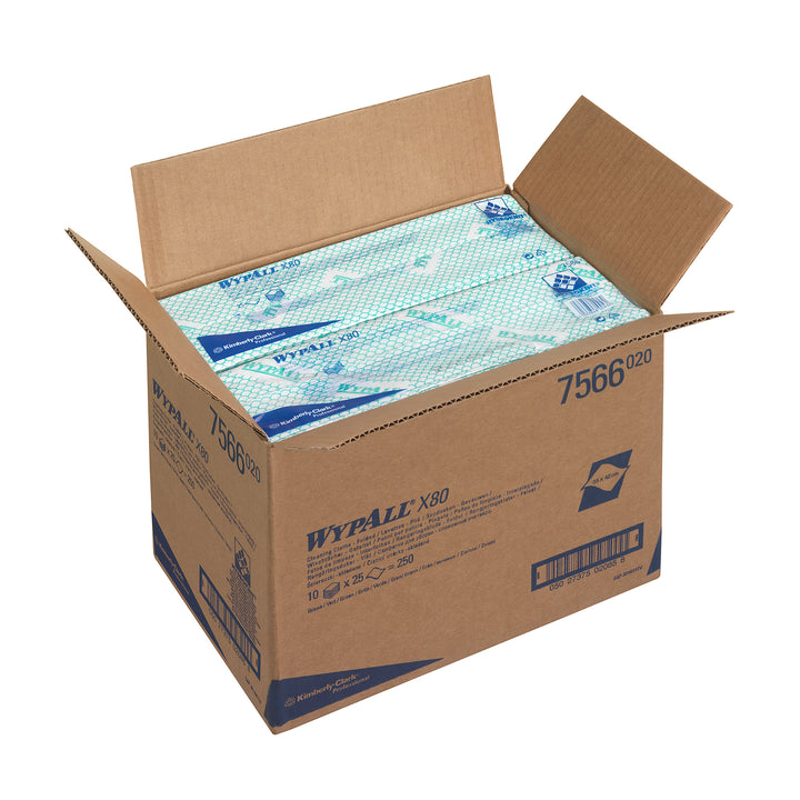 Open Brown Case of Blue Packs of 7565 WYPALL* X80 Cleaning Cloths, Interfolded - Sentinel Laboratories Ltd