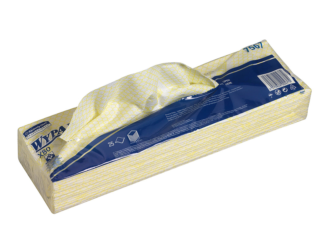 Open Pack of Yellow 7565 WYPALL* X80 Cleaning Cloths, Interfolded, Clear and Blue Pack Design - Sentinel Laboratories Ltd