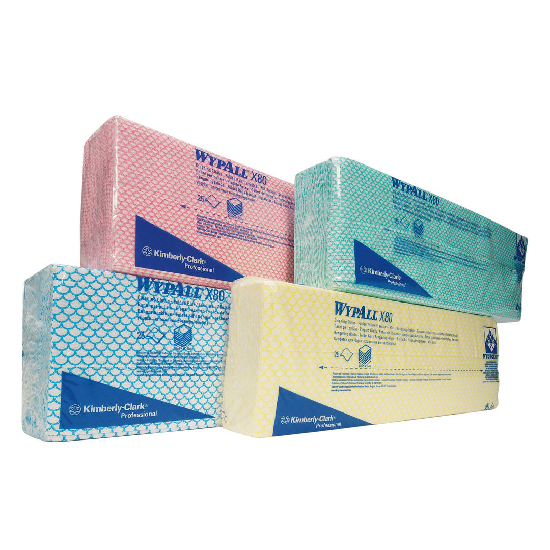 Blue, Red, Green and Yellow Packs of 7565 WYPALL* X80 Cleaning Cloths, Interfolded - Sentinel Laboratories Ltd