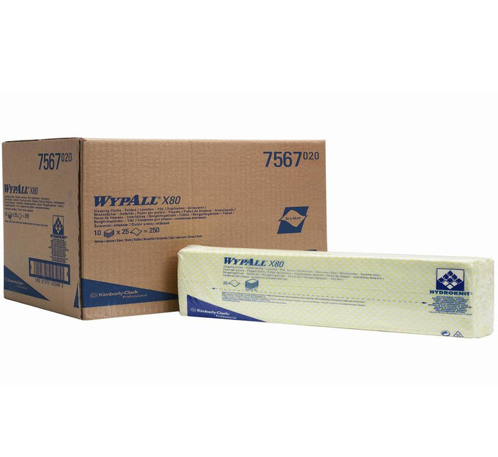 A Pack of Yellow 7565 WYPALL* X80 Cleaning Cloths next to a Cardboard Box, Interfolded - Sentinel Laboratories Ltd