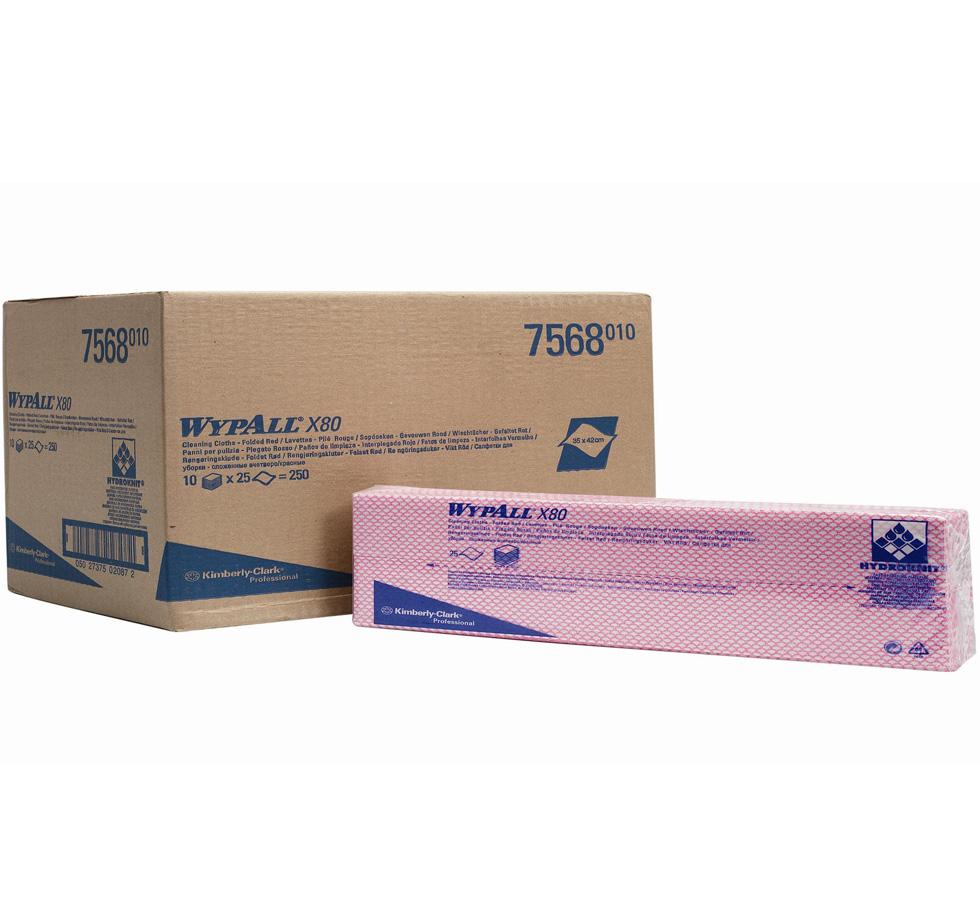 A Pack of Pink 7565 WYPALL* X80 Cleaning Cloths next to a Cardboard Box, Interfolded - Sentinel Laboratories Ltd