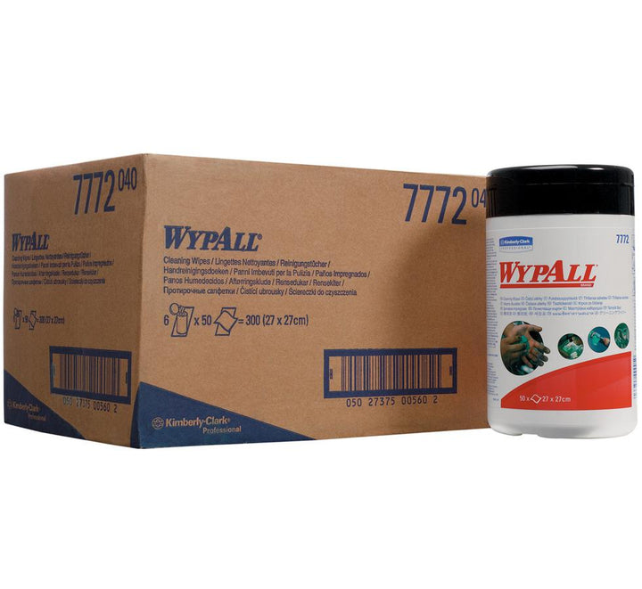A Black, Red and White Tub of 7772 WYPALL® Cleaning Wipes, Canister Next to a Large Blue and Brown Cardboard Box - Green - Sentinel Laboratories Ltd