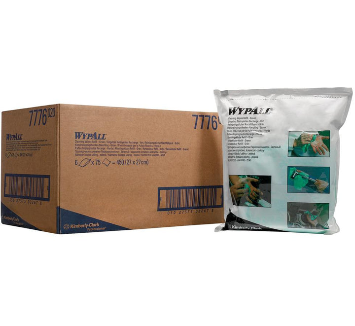 A Black and White Pack of 7776 WYPALL® Cleaning Wipes, Refill Next To a Large Blue and Brown Cardboard Box - 27cm x 27cm - Sentinel Laboratories Ltd