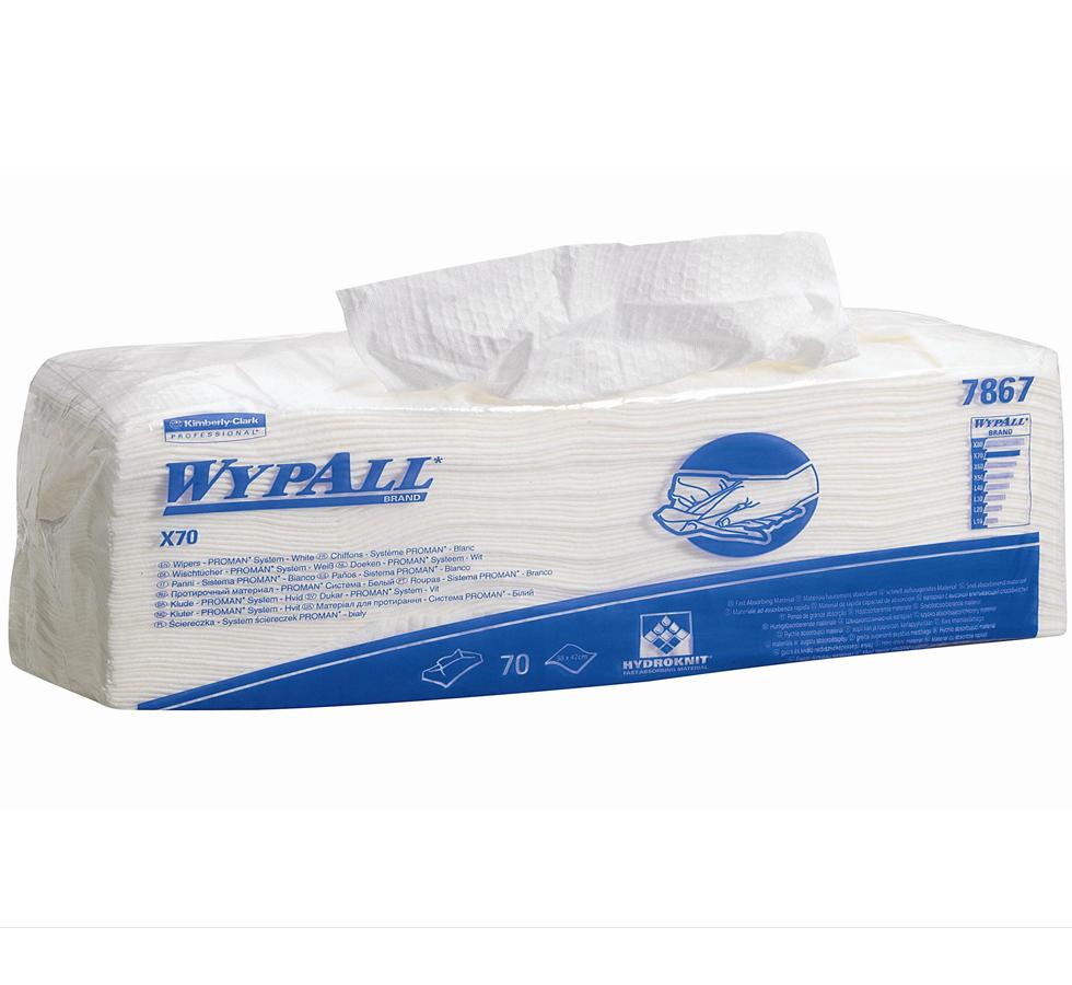 Open Pack of 7867 WYPALL* X70 Cloths, PROMAN System, 1/4 Fold - White - White Design Blue Text - Sentinel Laboratories Ltd