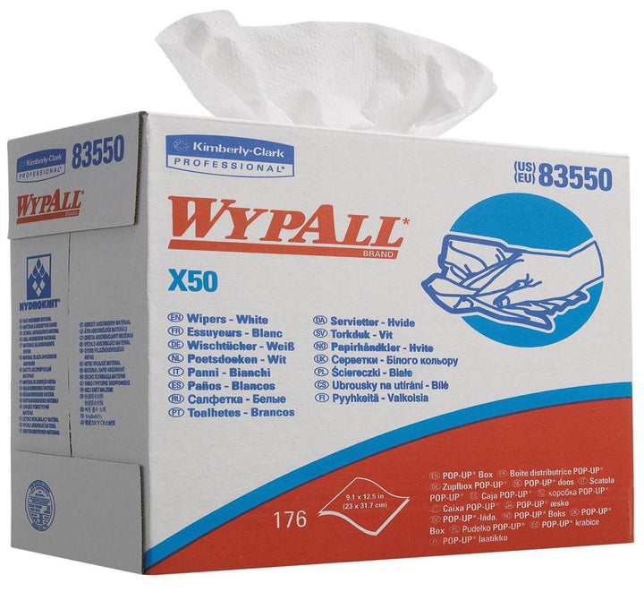 Open 8355 WYPALL* X50 Cloths, POP-UP Box - White - Blue and Red Text/Design on White Background - Sentinel Laboratories Ltd