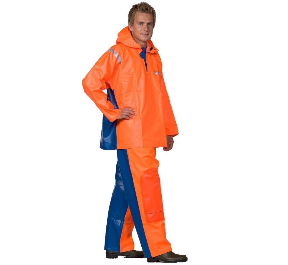 A Man Wearing a Fluorescent Orange and Blue Ocean Crewman Hooded Jacket and Trousers - Sentinel Laboratories Ltd