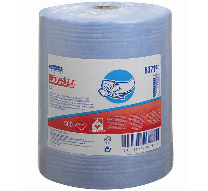 8371 WYPALL* X60 Cloths, Large Roll - Blue - Blue and Red Text/Design on White Label - Sentinel Laboratories Ltd
