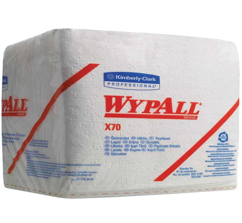 8387 WYPALL* X70 Cloths, 1/4 Fold - White - Red and Blue Text/Design - Sentinel Laboratories Ltd