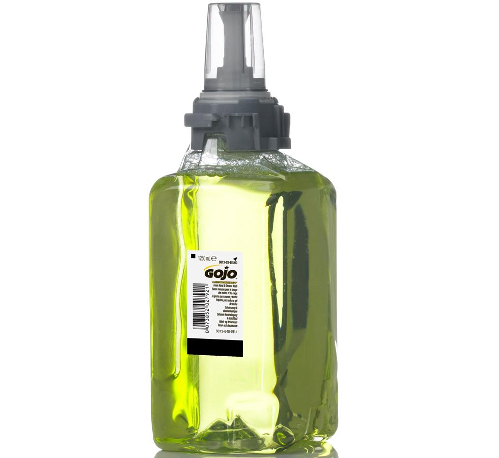 Lime Green Colour Clear Container of 8813-03 GOJO® Lemonberry Foam Hand & Shower Wash, ADX™ 1250ml Refill - Dark Grey Cap - Sentinel Laboratories Ltd