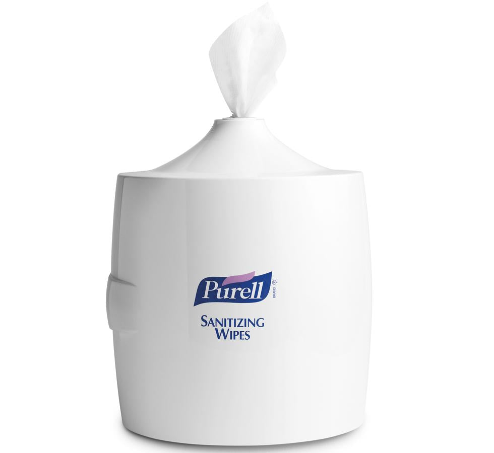 White Round 9019-01 PURELL® Sanitising Hand Wipes Large Wall Dispenser, White 1200 Wipes - Purell Branding Sanitizing Wipes - Sentinel Laboratories Ltd
