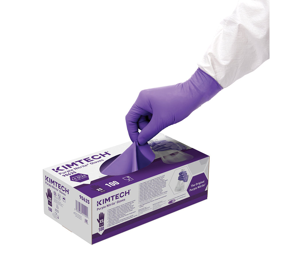 A Person Wearing a White Coverall and Purple Nitrile Glove Taking a Glove from a White and Purple Open Box of 90625 Purple Nitrile Gloves