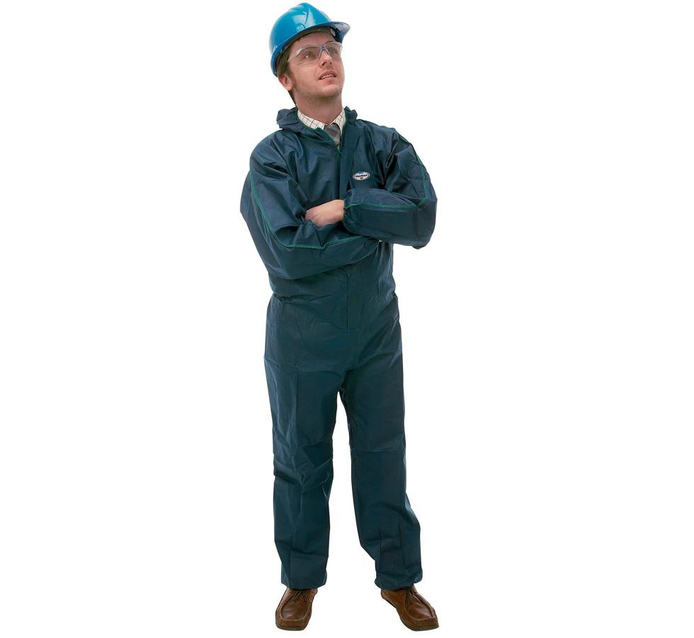 A Man Wearing an Olive Coloured KLEENGUARD* A10 Light Duty Hooded Coverall with Clear Protective Goggles, Tan Shoes and Blue Hard Hat - Sentinel Laboratories Ltd