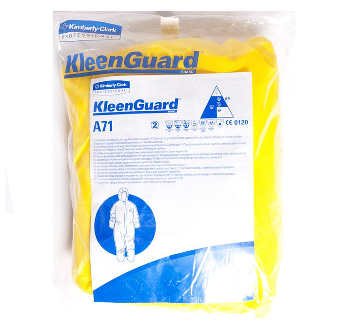 Pack of Kimberly-Clark KLEENGUARD* A71 Chemical Spray Protection Hooded Coveralls, Yellow - White and Blue Label - Sentinel Laboratories Ltd