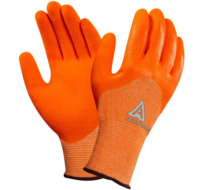 A Pair of Hi-Viz Orange ACTIVARMR® 97-100 Gloves with Light Grey Branding and Lettering - Sentinel Laboratories Ltd