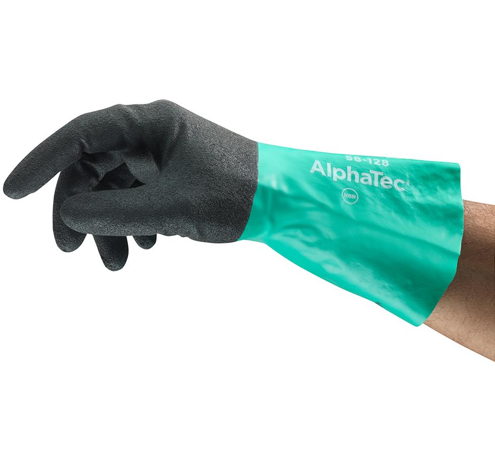 A Person Wearing a Long Length Cuff Light Blue and Dark Grey ALPHATEC® 58-128 Glove - Sentinel Laboratories Ltd