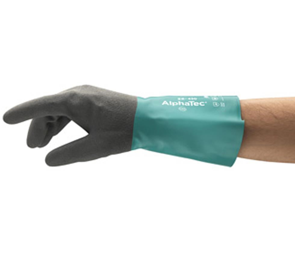 A Person Wearing a Long Length Cuff Charcoal Grey and Blue ALPHATEC® 58-430 Glove - Sentinel Laboratories Ltd