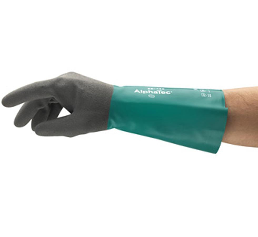 A Person Wearing a Single Charcoal Grey and Blue Coloured Long Length Cuff ALPHATEC® 58-435 Glove with White Lettering - Sentinel Laboratories Ltd