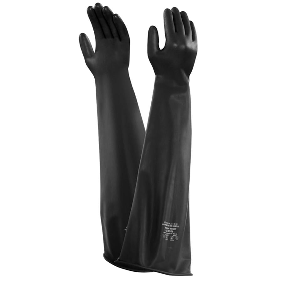 A Pair of Black Long Cuff AlphaTec® 55-305/55-306 Neoprene Dry Box Gauntlets 10" Port, 32" Length - Sentinel Laboratories Ltd