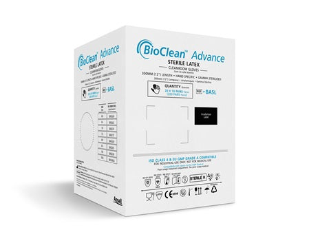 A White and Blue Case of Bioclean Advance Sterile Latex Gloves