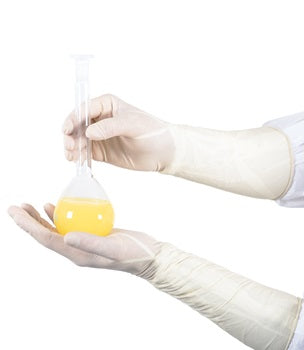 A Person Wearing a Pair of Bioclean Advance Sterile Latex Gloves Holding a Flask of Yellow Liquid