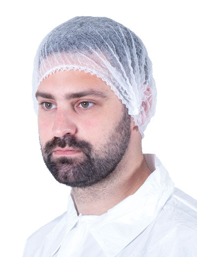 A Bearded Man Wearing a White BioClean BBC Mob Cap and White Coverall