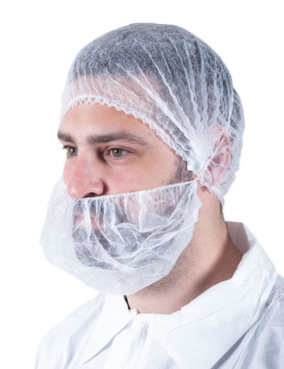 A Man In a White Coverall Wearing a White Mob Cap and BBS-W Beard Snood