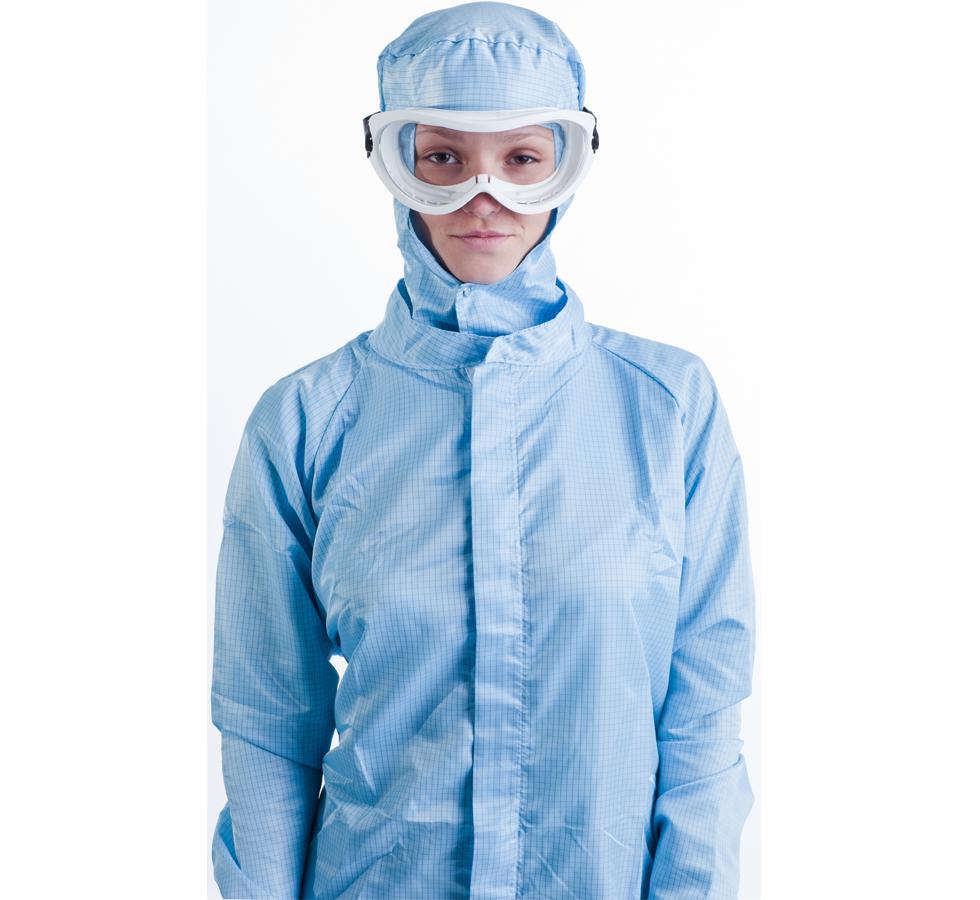 Woman wearing clear BioClean Clearview™ Cleanroom Goggles with Blue Gown and Hood - Sentinel Laboratories Ltd