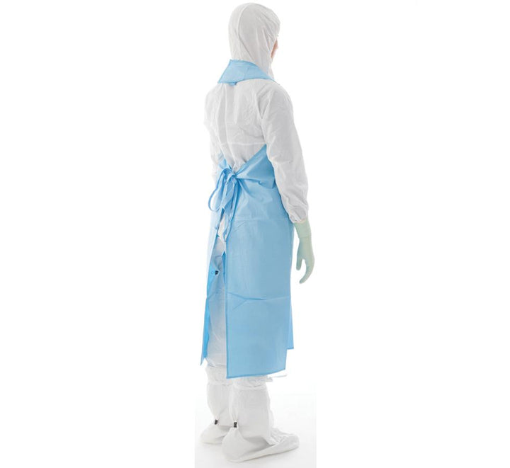 Back View of a Person Wearing a Blue BioClean-C™ Non-Sterile Chemotherapy Protective Apron Over a White Coverall and Hood - Sentinel Laboratories Ltd
