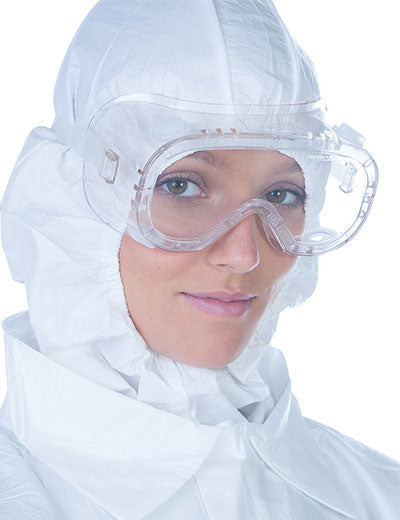 A Woman In a White Coverall Wearing a Pair of BioClean Clearview Goggles BCGS1