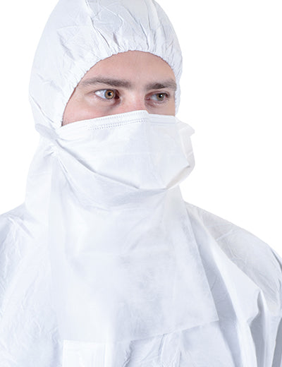 A Man Wearing a White Hooded Coverall and White BioClean Non-sterile DB Pouch-style Face Mask BDBN
