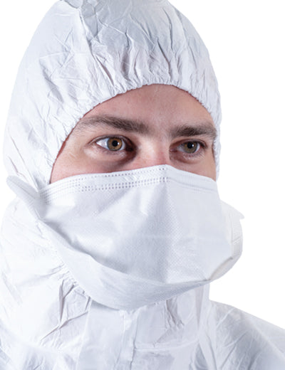 A Man Wearing a White Hooded Coverall and White BioClean Non-sterile DB Pouch-style Face Mask