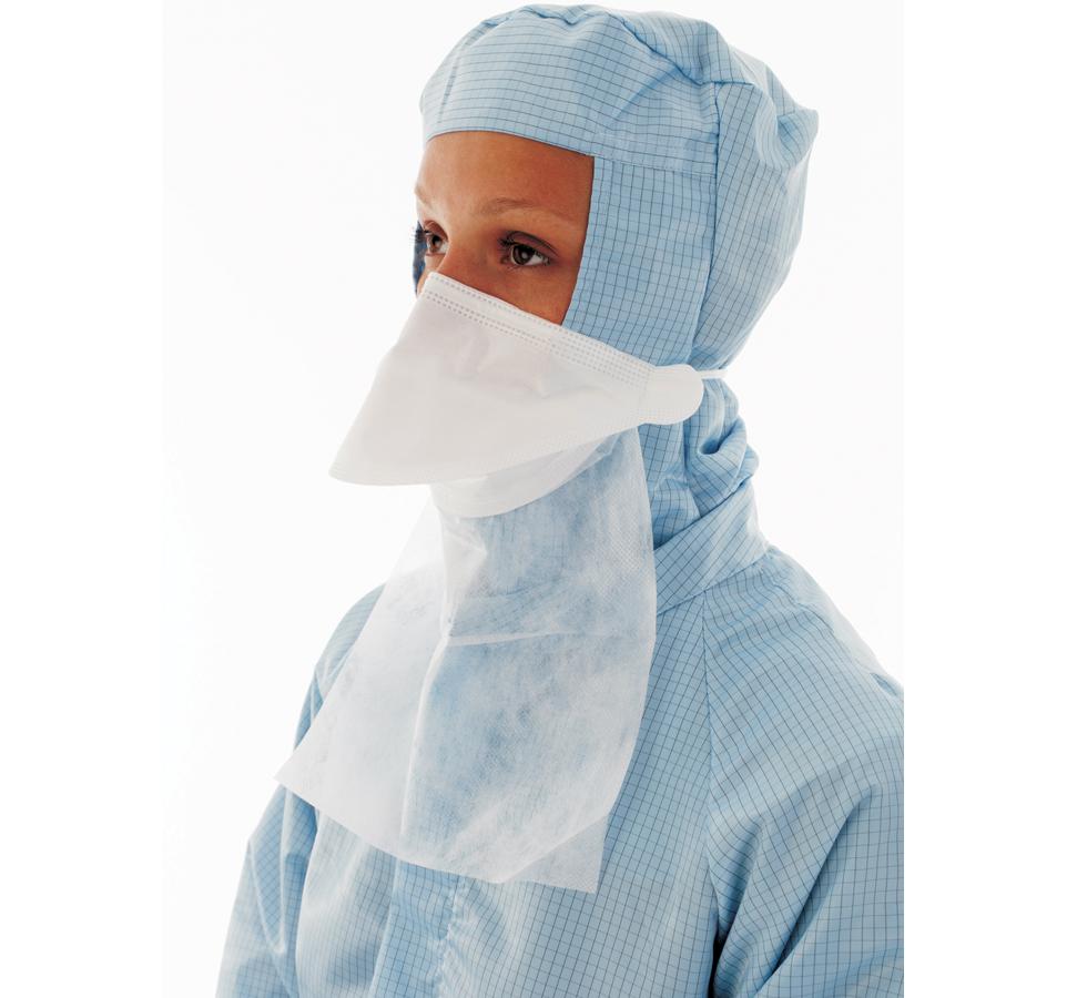 Woman wearing BioClean™ DB Pouch Style Mask with Neck Guard and Blue Hooded Gown- Sentinel Laboratories Ltd
