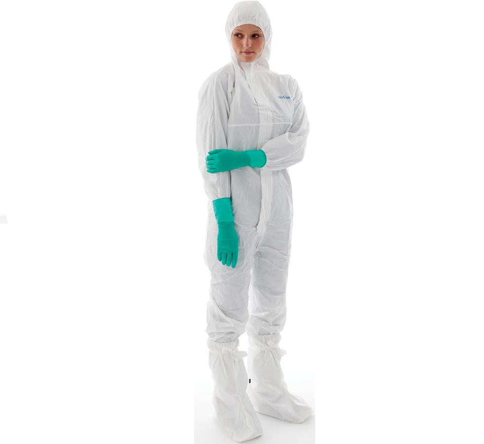 Woman wearing BioClean-D™ Sterile Coverall with Hood - Sentinel Laboratories Ltd