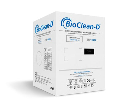 A White and Blue Case of BioClean-D BDFC Disposable Coveralls with Hood & Boots
