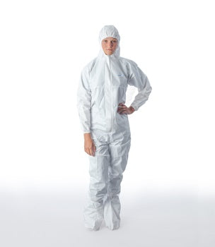 A Woman Wearing a White BioClean-D Coverall with Hood and Integrated Boots BDFC