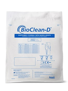 A White and Blue Inner Bag of BioClean-D BDFC Disposable Coverall with Hood & Boots