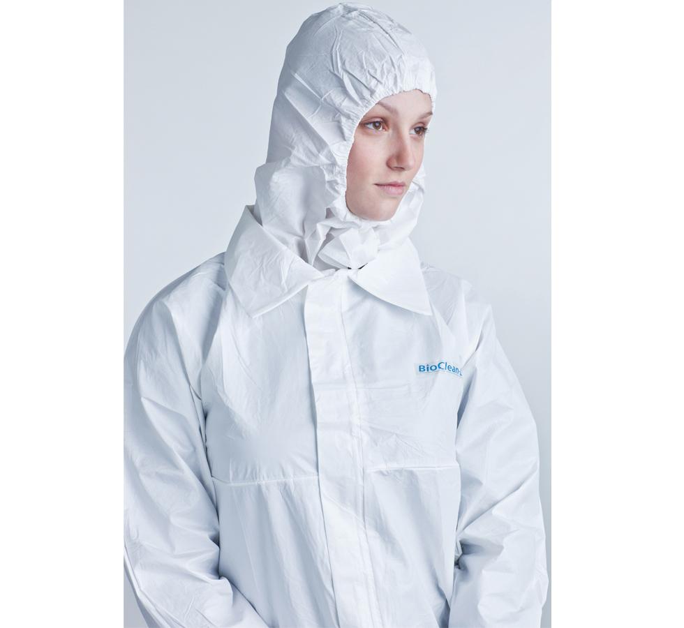 Woman wearing white BioClean-D™ Non-Sterile Hood - Sentinel Laboratories Ltd