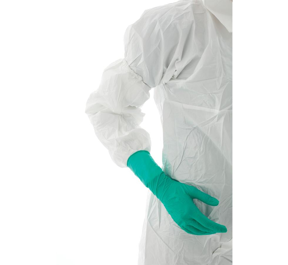 Person wearing BioClean-D™ Non-Sterile Long Sleeve Covers with Green Glove - Sentinel Laboratories Ltd