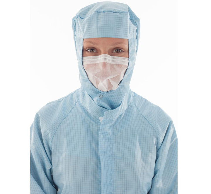 Woman wearing White BioClean Softflow™ Cleanroom Non-Sterile Face Veil with Blue Gown and Hood - Sentinel Laboratories Ltd